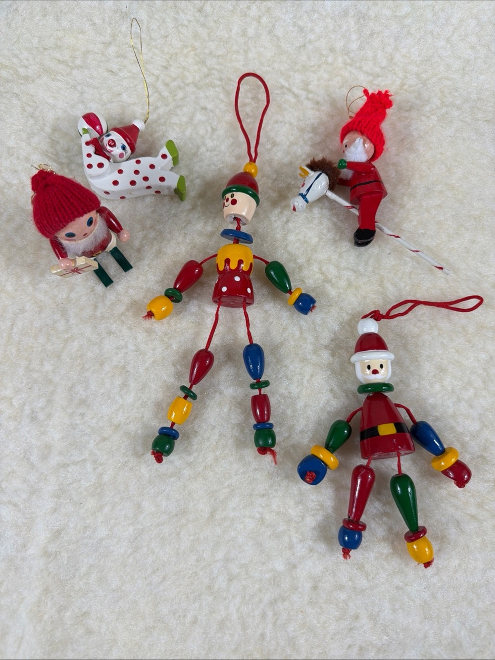 Vintage lot of 5 Wooden Multicolor Christmas Hanging Toy Ornaments - Red/Green